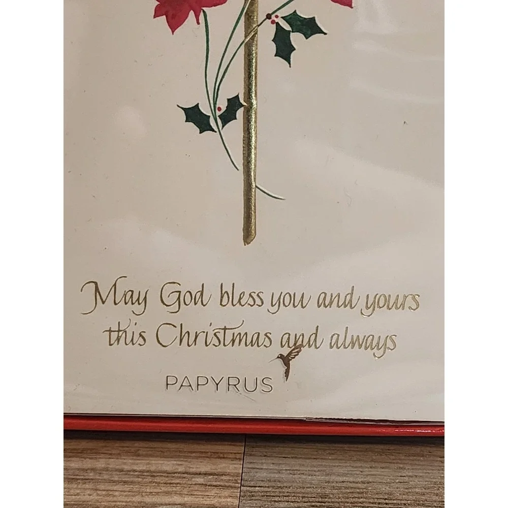Papyrus Embossed Gold Floral Cross Christmas Card Set Envelopes Gold Stickers 14